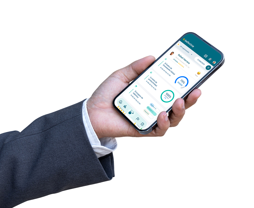Mano sosteniendo un teléfono celular con la interfaz de gestión de desempeño de Befective