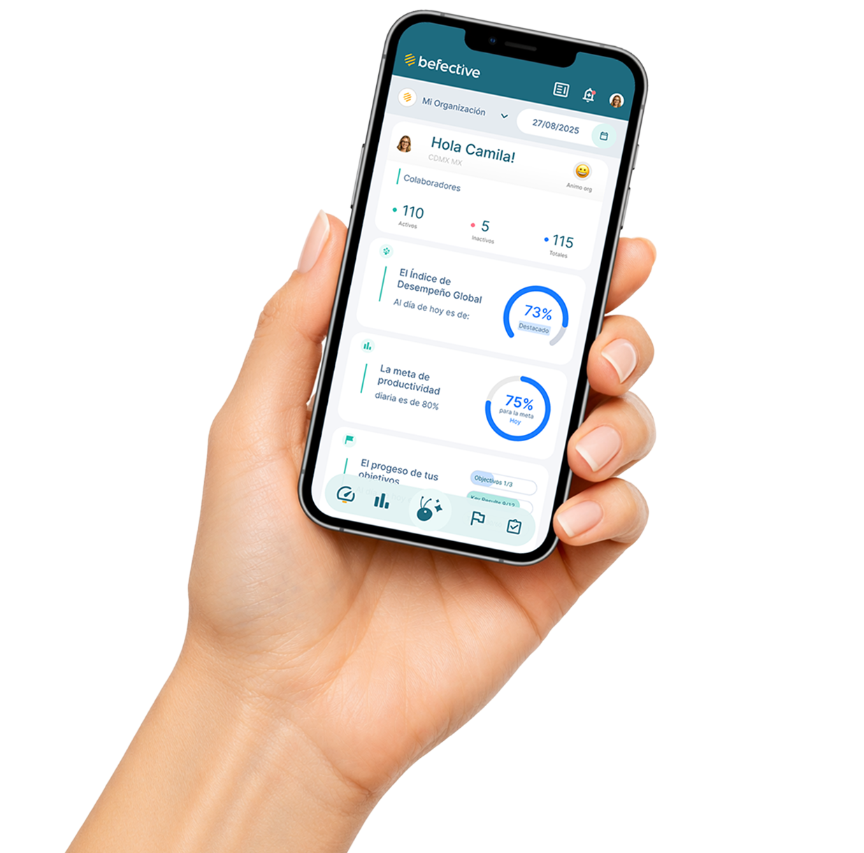 Mão segurando um celular com o app Befective mostrando métricas de desempenho e produtividade