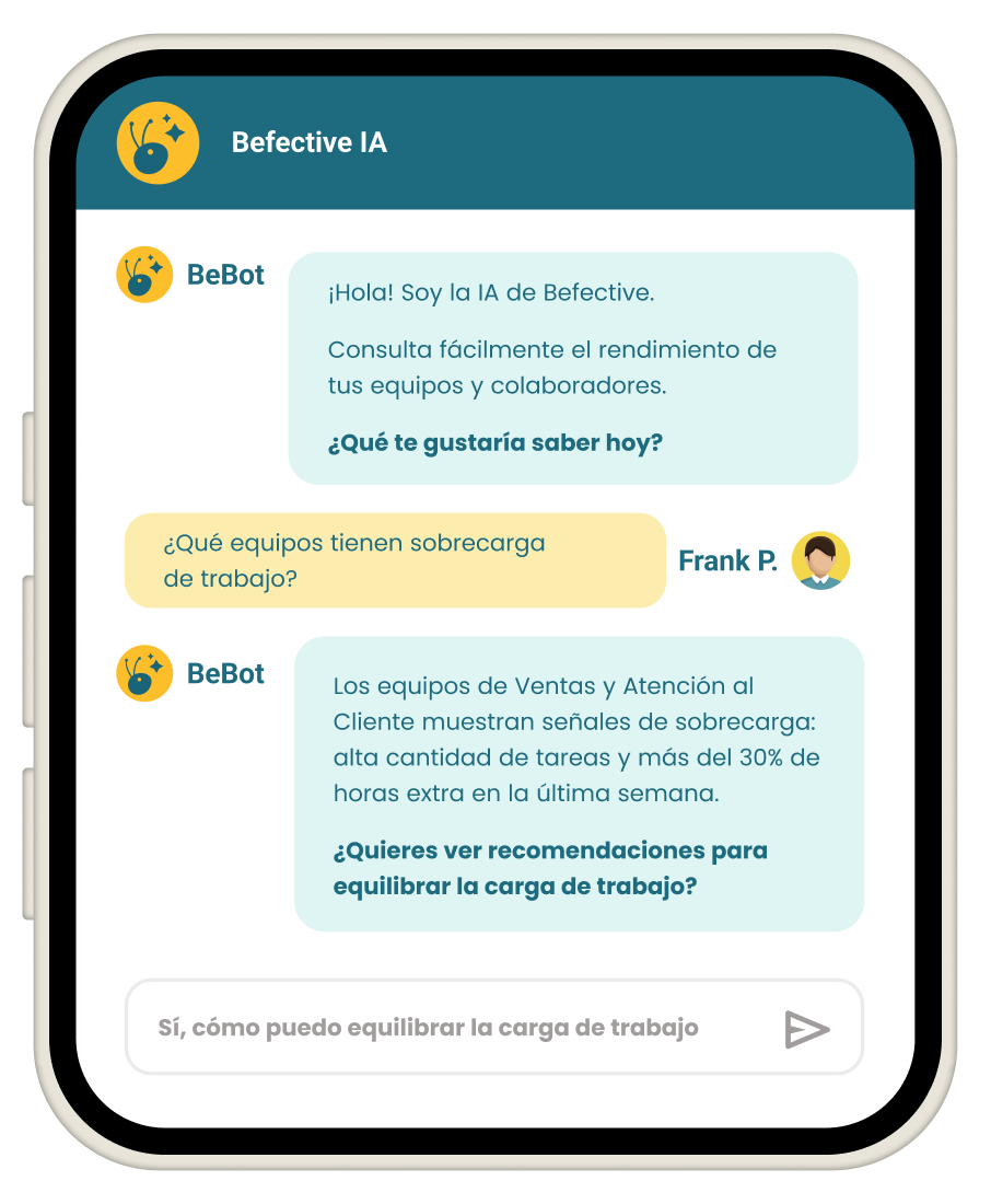 Reloj inteligente mostrando la interfaz de Befective IA con análisis de desempeño del equipo