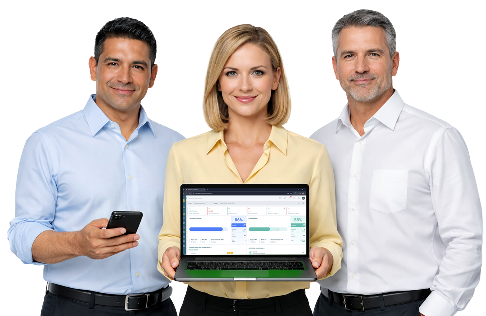 Tres profesionales colaborando frente a una computadora portátil usando Befective