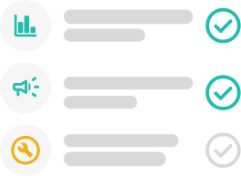 Lista de verificação com ícones de estatísticas, marketing e suporte