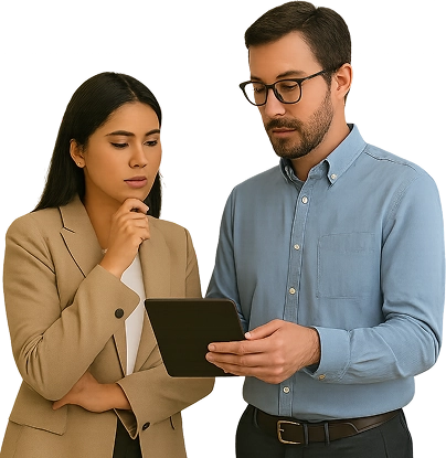 Dois colaboradores revisando informações em um tablet sobre sessões 1:1 e feedback