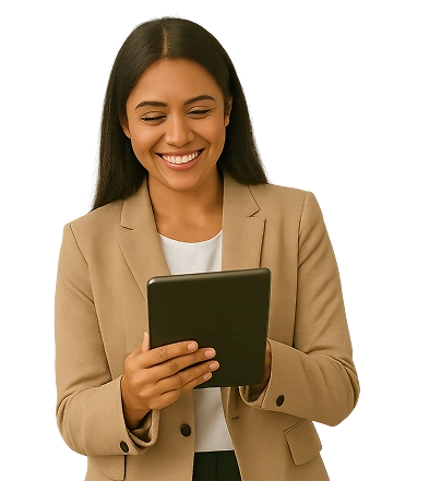 Mulher sorrindo enquanto revisa um plano de desenvolvimento individual em um tablet