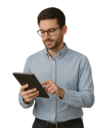 Colaborador revisando objetivos estratégicos em um tablet em seu ambiente de trabalho