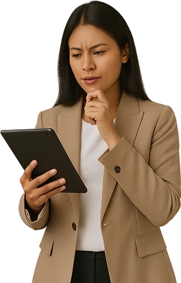 Mulher analisando avaliações de desempenho em um tablet com gráficos e lista de colaboradores