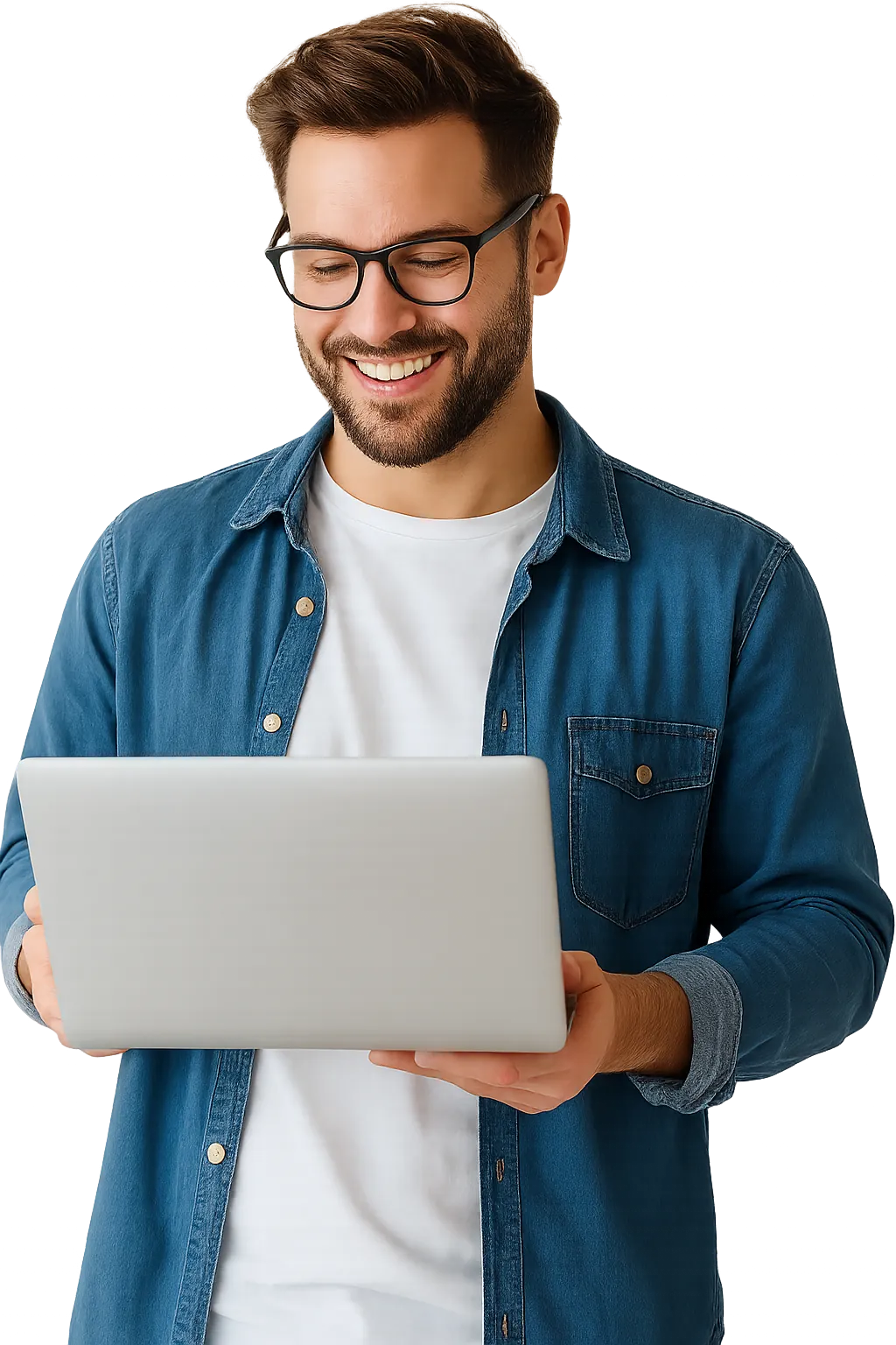 Homem segurando um laptop