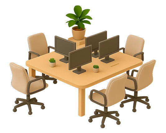 Estação de trabalho colaborativa com seis cadeiras, computadores e plantas decorativas